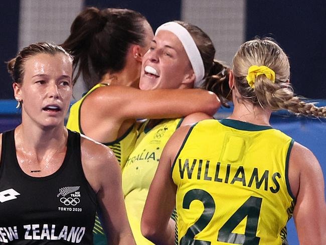 The Hockeyroos celebrate Emily Chalkers matchwinning goal. Picture: Getty Images