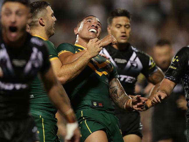 Tyson Frizell is jubilant after scoring for the Kangaroos against the Kiwis.