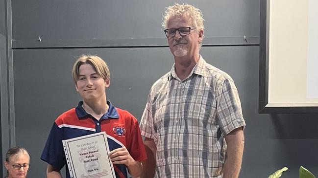 Human Powered Vehicle Team Award Dion Wu with coach David Dorey, Tin Can Bay State School awards.