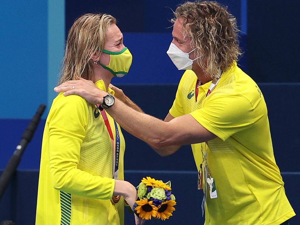 Ariarne Titmus of Team Australia reacts with her coach Dean Boxall.