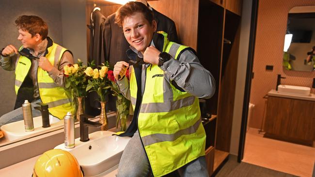 Ricky Emili, undergraduate from Hansen Yuncken in the new dressing room at Her Majesty's Theatre. Picture: Tom Huntley