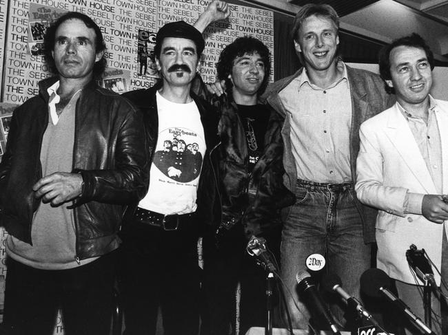 The Easybeats (from left): Snowy Fleet, Dick Diamonde, Stevie Wright, Harry Vanda and George Young pictured in 1986. Picture: Supplied