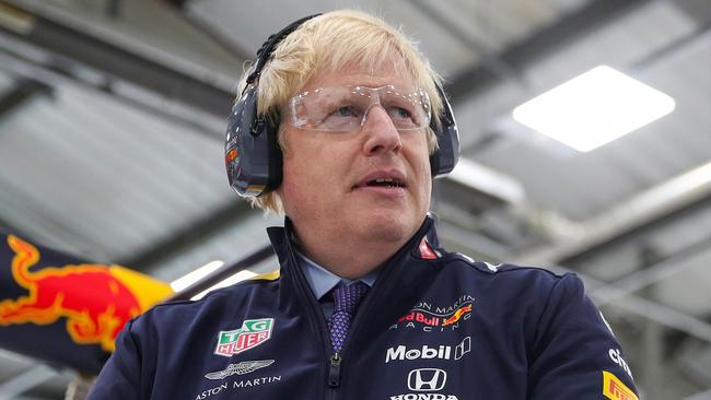 Boris Johnson campaigning at Red Bull’s Formula One team headquarters north of London. Picture: AFP