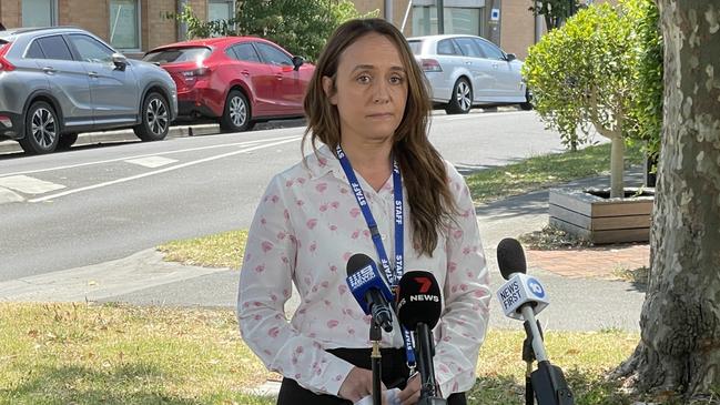 Box Hill Detective senior sergeant Rachelle Ciavarella speaks to the media outside Box Hill police station on Thursday, January 12, following an alleged sexual assault at a Mitcham park. Picture: Kiel Egging.