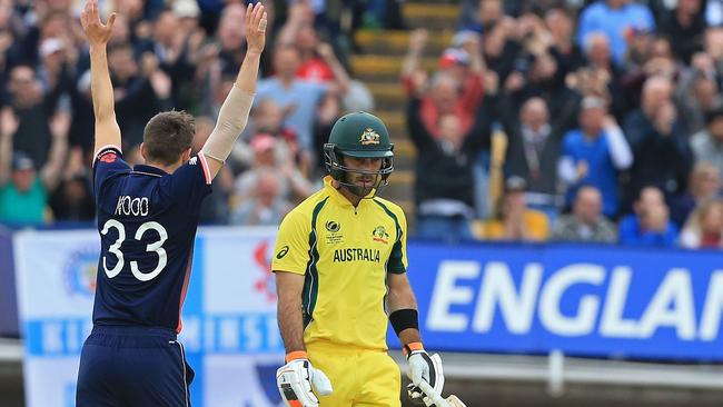 England bowler Mark Wood (L) celebrates taking the wicket of Australia's Glenn Maxwell.