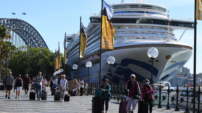 Passengers disembark from the virus-riddled Ruby Princess at Circular Quay in Sydney on March 19, 2020. Picture: Dean Lewins