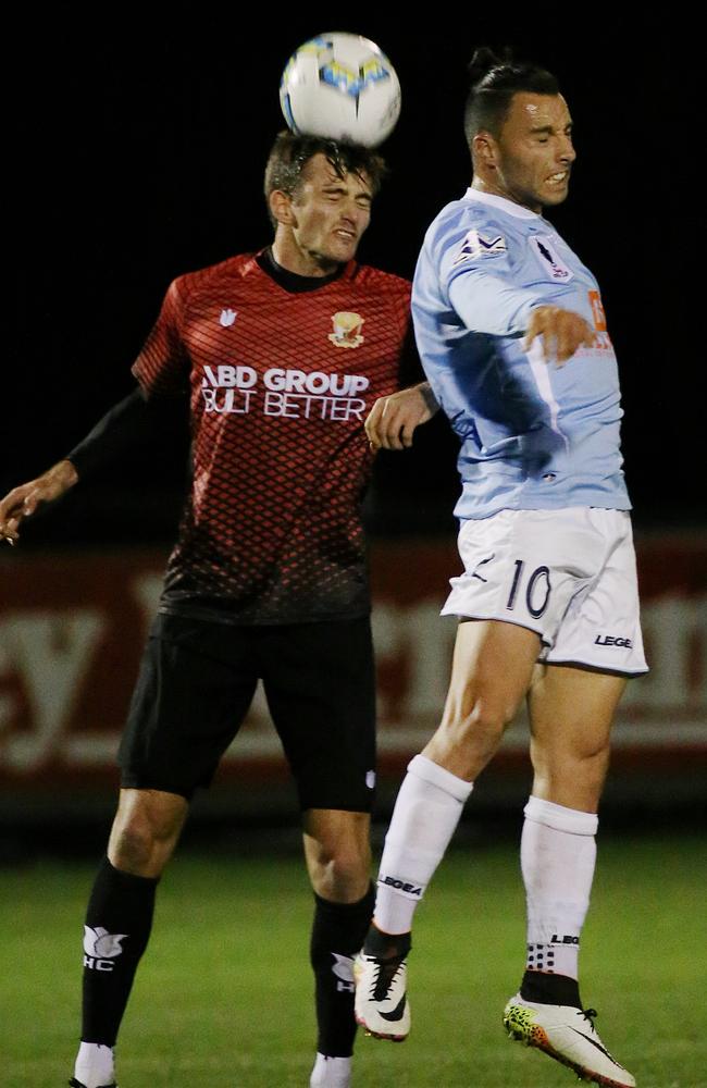 Former A-League striker Marko Jesic (right) will be one of Marconi’s danger men. Picture: George Salpigtidis.