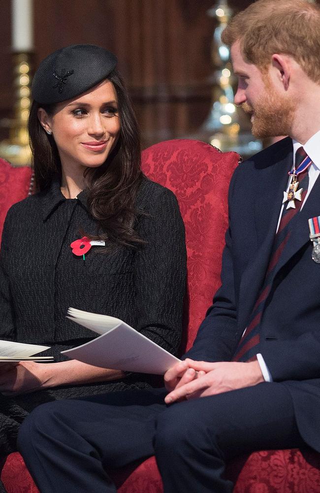 Britain's Prince Harry, his US fiancee Meghan Markle attend a service of commemoration and thanksgiving to mark Anzac Day in Westminster Abbey. Picture: AFP