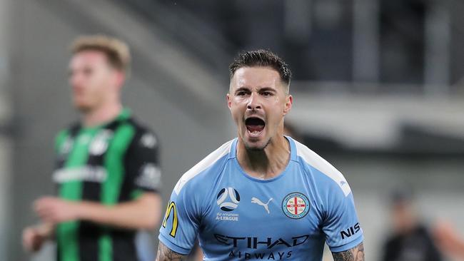 SYDNEY, AUSTRALIA – AUGUST 26: Jamie Maclaren of Melbourne City celebrates scoring a goal during the A-League Semi Final match between Melbourne City and Western United at Bankwest Stadium on August 26, 2020 in Sydney, Australia. (Photo by Matt King/Getty Images)