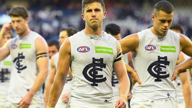 MELBOURNE, AUSTRALIA — MAY 13: Marc Murphy of the Blues looks dejected after losing the round eight AFL match between the St Kilda Saints and the Carlton Blues at Etihad Stadium on May 13, 2017 in Melbourne, Australia. (Photo by Quinn Rooney/Getty Images)