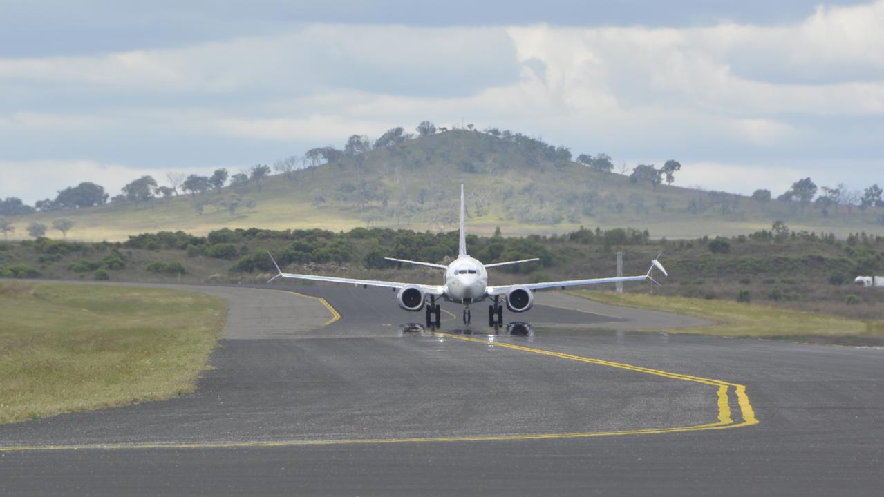 The first Bonza flight from Melbourne lands at Toowoomba Wellcamp Airport on April 17, 2023.