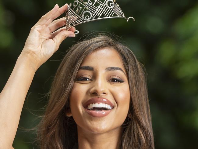 Miss Universe Australia Maria Thattil with her Miss Universe Australia crown. Maria did not receive her crown when she won the title on Wednesday. .Picture:Rob Leeson.