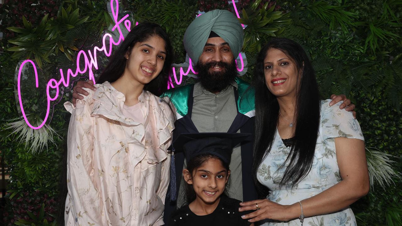 Ekamjot Kaur, Harkaran Singh, Ek Nauneet Kaur and Eknoor Kaur. Deakin School of Education; NIKERI; and Centre of Humanitarian Leadership students graduated on Wednesday lunchtime. Picture: Alan Barber