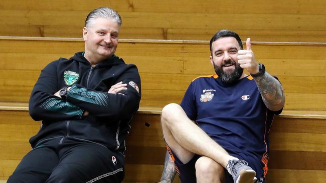 Scott Roth, head coach of the Tasmania Jack Jumpers and Adam Forde, head coach of the Cairns Taipans at the Elphin Sports Centre in Launceston. (Photo by Sarah Reed/Getty Images)