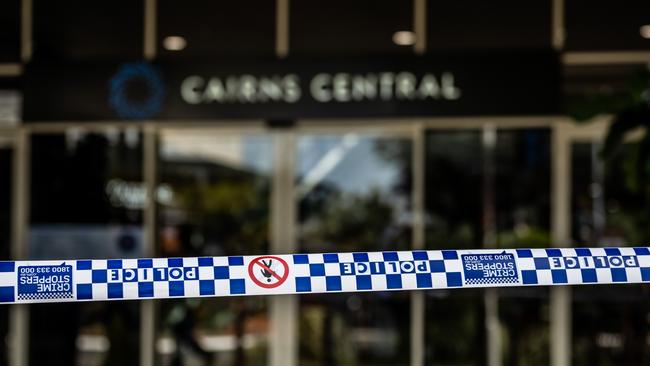 A crime scene established at the entrance of Cairns Central Shopping Centre following last month’s stabbing attack. Picture: Emily Barker.