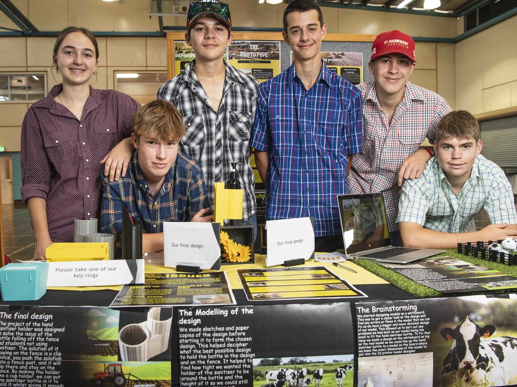 Combined St Ursula's / St Mary's Colleges team members (from left) Sapphira Rogers, Nate Fry, Ayce Barron, Luke Ebenestelli, Jack Burney and Oliver Cameron with their hand sanitiser solution from stopping gems spreading between humans and animals at the STEM advanced manufacturing Makers Empire schools showcase at The Salo Centre, St Ursula's College, Monday, November 4, 2024. Picture: Kevin Farmer