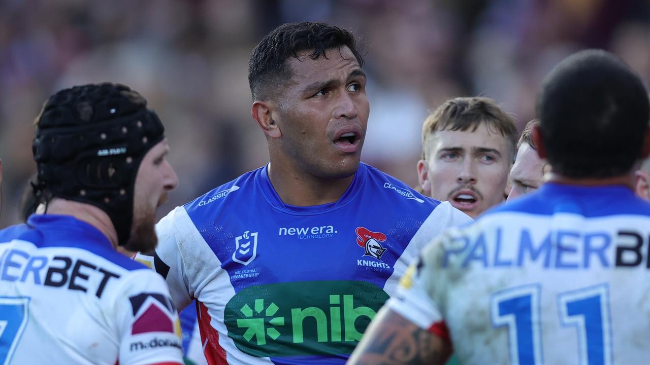 SYDNEY, AUSTRALIA - JULY 14: Daniel Saifiti of the Knights looks on during the round 19 NRL match between Manly Sea Eagles and Newcastle Knights at 4 Pines Park on July 14, 2024 in Sydney, Australia. (Photo by Jason McCawley/Getty Images)