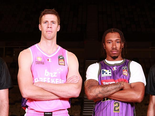 MELBOURNE, AUSTRALIA - FEBRUARY 20: Mody Maor, Coach of the New Zealand Breakers,  Tom Abercrombie of the New Zealand Breakers,  Jaylen Adams of the Sydney Kings and Mahmoud Abdelfattah, Coach of the Sydney Kings  pose for a photo during the 2024 NBL Finals Launch at John Cain Arena on February 20, 2024 in Melbourne, Australia. (Photo by Kelly Defina/Getty Images for NBL)