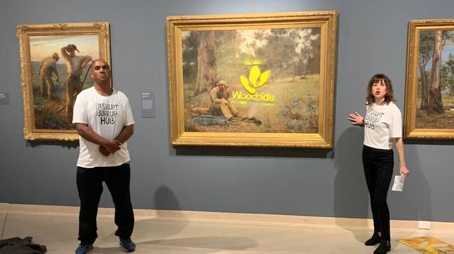 Desmond Blurton and Joana Partyka staged a protest at the Art Gallery of Western Australia on Thursday. Picture: Supplied