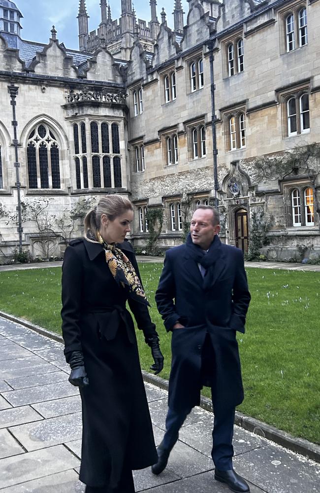 Sky News Australia presenter Peta Credlin and former prime minister Tony Abbott at Oriel College in Oxford.