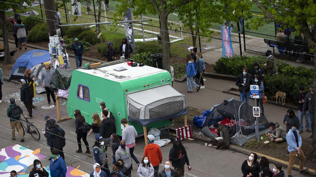 Tents and campers are set up in an area dubbed the Capitol Hill Autonomous Zone.