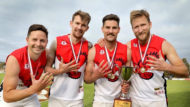 Unbeaten Flagstaff Hill defeated Noarlunga in the 2020 Southern Football League Grand Final to make it five flags in a row. From left, Daniel Butcher, Mitchell Fazekas, David Kearsley, and Bradley Kirk have played all five winning grand finals, September 26, 2020. Picture Dean Martin