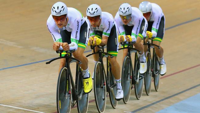 Jack Bobridge, Luke Davison, Alex Edmondson and Mitchell Mulhern compete in the team pursuit during the UCI Track Cycling World Championships in France.