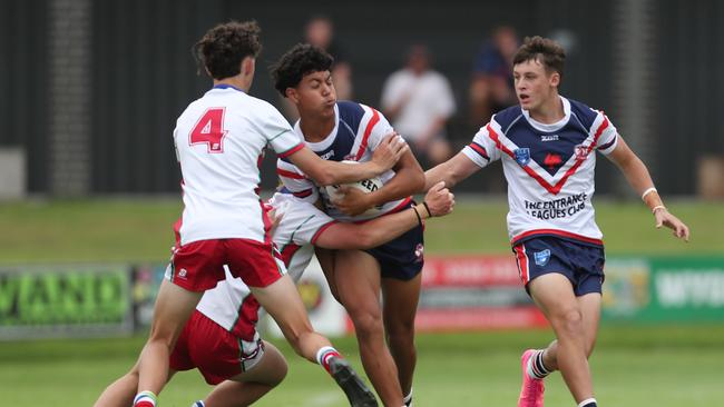 Carter Mareko in action for the Central Coast Roosters against the Monaro Colts in round one of the Andrew Johns Cup. Picture: Sue Graham