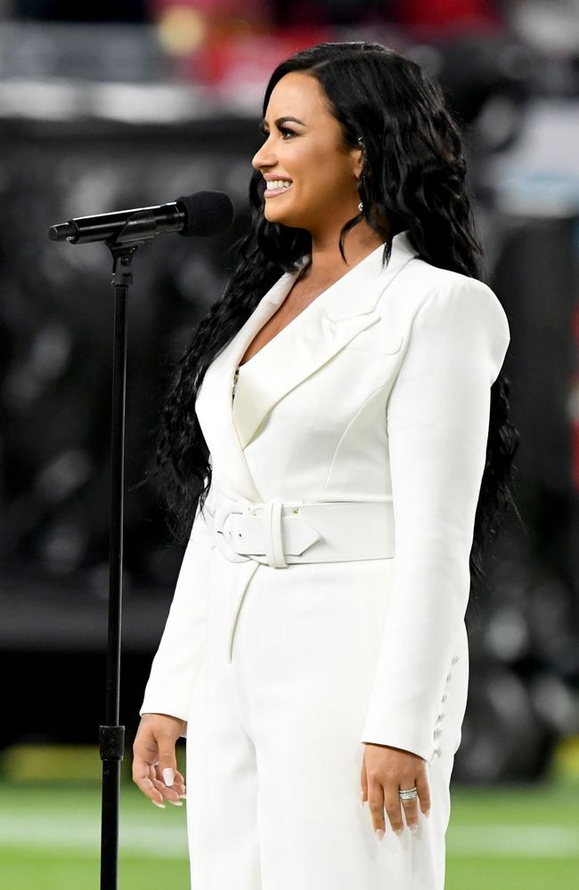 Demi Lovato performs the National Anthem onstage during Super Bowl LIV at Hard Rock Stadium. Picture: Getty Images