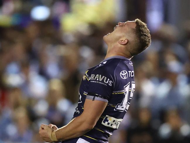 SYDNEY, AUSTRALIA - SEPTEMBER 10:  Tom Gilbert of the Cowboys celebrates winning the NRL Qualifying Final match between the Cronulla Sharks and the North Queensland Cowboys at PointsBet Stadium on September 10, 2022 in Sydney, Australia. (Photo by Mark Metcalfe/Getty Images)