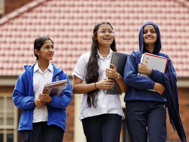 DAILY TELEGRAPH - 13/11/24Y9 and Y10 students at Macarthur Girls High School in Parramatta pictured L to R, Heli Desai, Janvi Patwal and Inara Ahmed. Picture: Sam Ruttyn