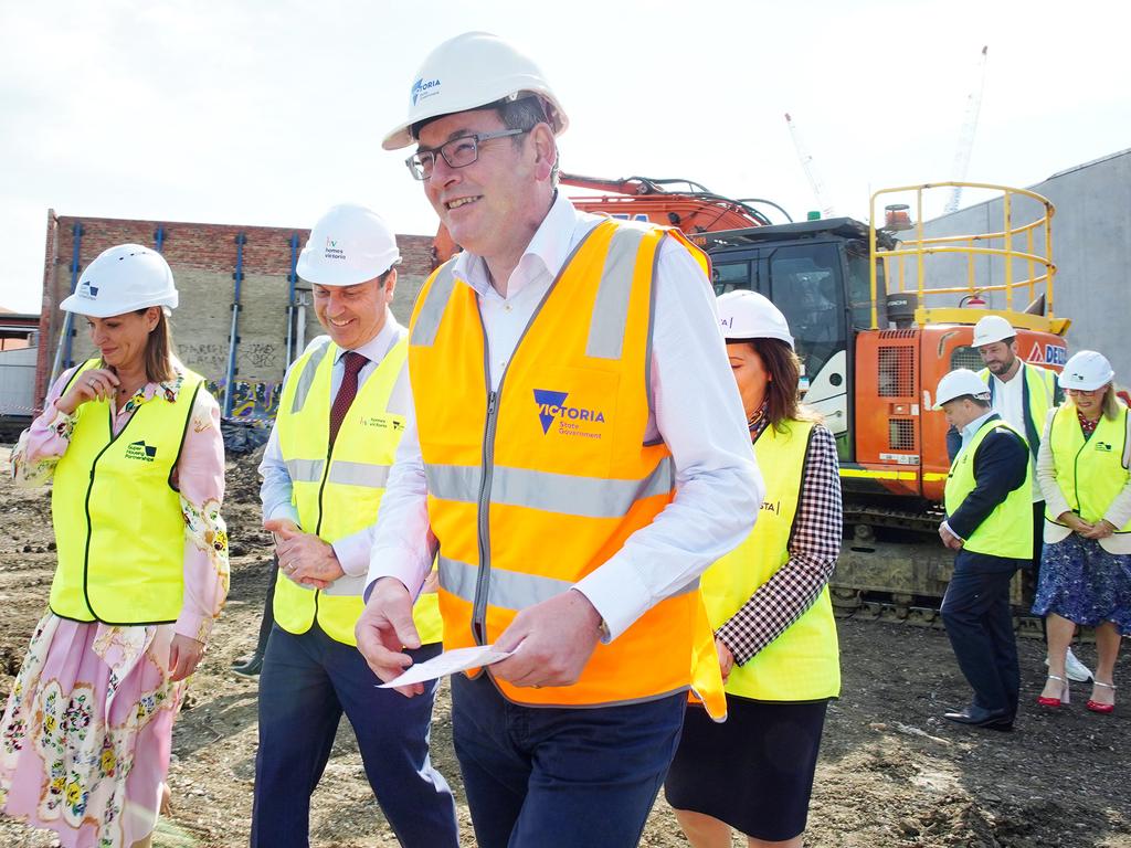 Former Premier Daniel Andrews gives a press conference at a Kensington Housing site. Picture: Luis Enrique Ascui