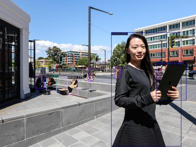 Australian Institute of Machine Learning PhD student Yifan Liu at Lot Fourteen on North Terrace, using her computer vision system for object detection and labelling.  Picture: Supplied