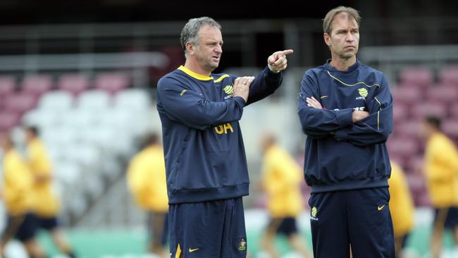 Graham Arnold, left, with Pim Verbeek when the two worked together on the Socceroos coaching staff during the 2010 World Cup campaign.
