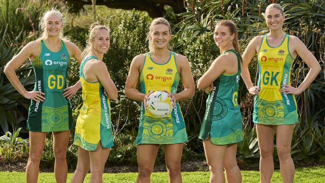 MELBOURNE, AUSTRALIA - JULY 10: (L-R) Jo Weston, Paige Hadley, Liz Watson, Steph Wood and Courtney Bruce of Australia pose during the Australian Diamonds World Cup Uniform Launch at the Royal Botanic Gardens on July 10, 2023 in Melbourne, Australia. (Photo by Graham Denholm/Getty Images for Netball Australia)