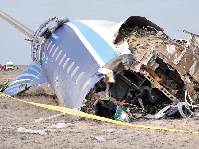 The wreckage of Azerbaijan Airlines Embraer 190 lies on the ground near the airport of Aktau, Kazakhstan. Picture: AP