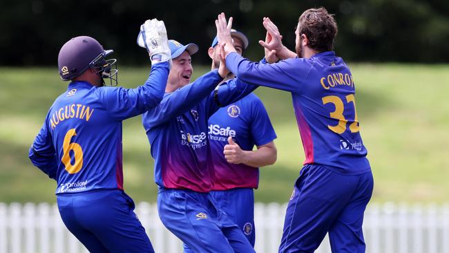 Premier: Jack Conroy celebrates a wicket for Frankston Peninsula. Picture: George Sal