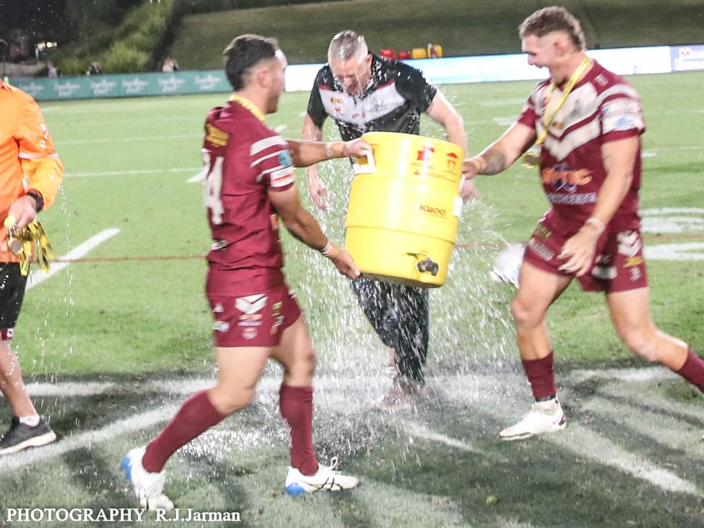 Andrew Hinson copped the traditional ice bucket treatment after claiming the premiership. Picture: Richo Jarman.