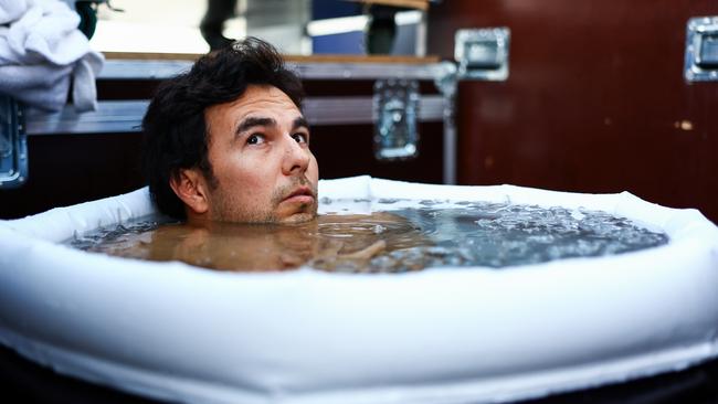 F1 driver Sergio Perez takes an ice bath prior to the Grand Prix of Singapore. Picture: Mark Thompson/Getty Images.