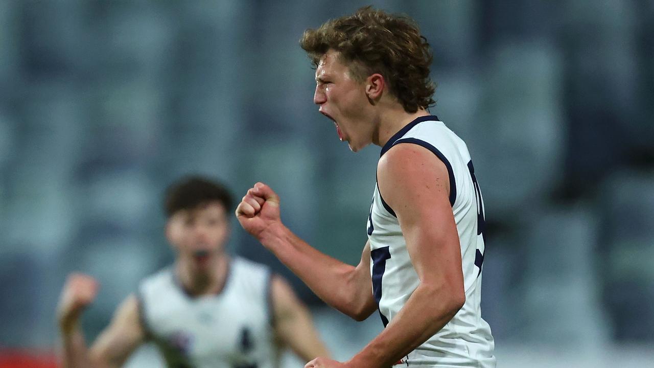 Zane Duursma celebrates one of his four goals for Vic Country. Picture: Paul Kane/AFL Photos/via Getty Images