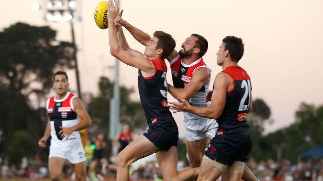 Bayley Fritsch competes hard for a mark in the JLT Series. Picture: Getty Images