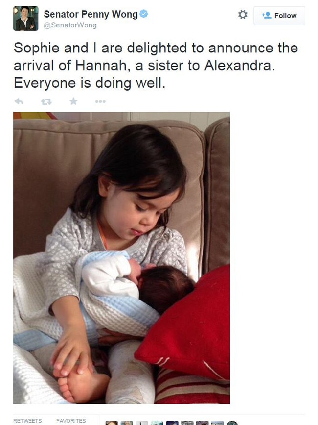 Senator Penny Wong announces the birth of her daughter Hannah, a sister to Alexandra. Everyone is doing well."