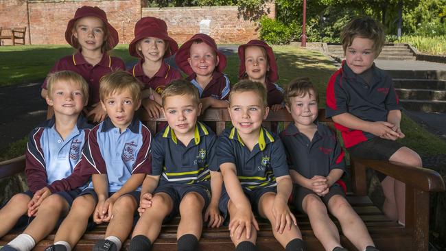 Front – Cormac and Vincent Cowen, Hugh and Lachie Seville and Toby and Alexander Hayes. Back – Winter and Willow Wrigley and Oscar and Remi Lee at Royal Botanical Gardens Tasmania are twins starting school in 2025. Picture: Caroline Tan