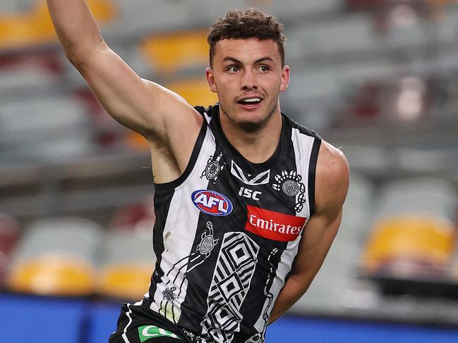 AFL Round 13. Collingwood vs North Melbourne at the Gabba, Brisbane..24/08/2020...  Flynn Appleby of the Magpies celebrates his goal in the third quarter  . Pic: Michael Klein