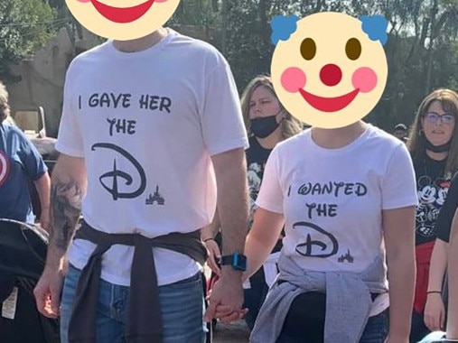 Fans took to Twitter to roast this couple for wearing what they deemed “inappropriate” clothing to Disney World. Picture: Twitter