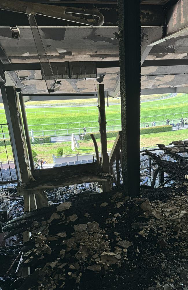 Damage inside the Caulfield Racecourse grandstand after a fire on Tuesday. Picture: X/Michael Felgate