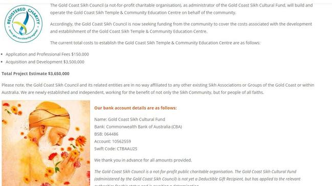 Screenshot of fundraising campaign by the Gold Coast Sikh Council to develop the temple.