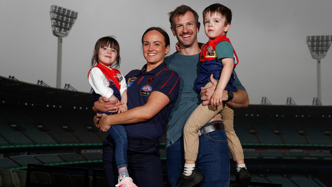 Pearce with partner Ben ONeill and children Roy and Sylvie at the MCG today. Picture: Getty Images