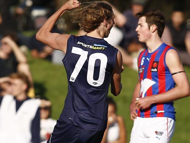 MELBOURNE, AUSTRALIA - APRIL 05: Jacob Edwards of the Dragons celebrates a goal during the NAB League Boys match between the Sandringham Dragons and the Oakleigh Chargers at RSEA Park on April 05, 2021 in Melbourne, Australia. (Photo by Cameron Grimes/AFL Photos)