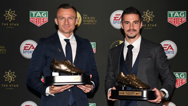 A-League players Besart Berisha (left) and Jamie Maclaren pose with the Nike Golden Boot Award as joint winners at the Dolan Warren Awards.